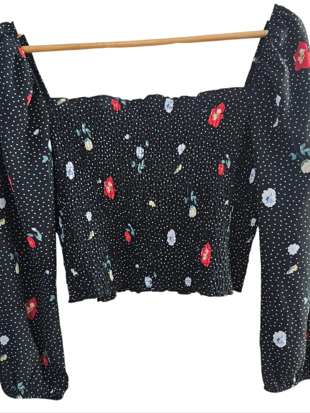 Abercrombie & Fitch Black Floral Smocked Square-Neck Blouse Y2k